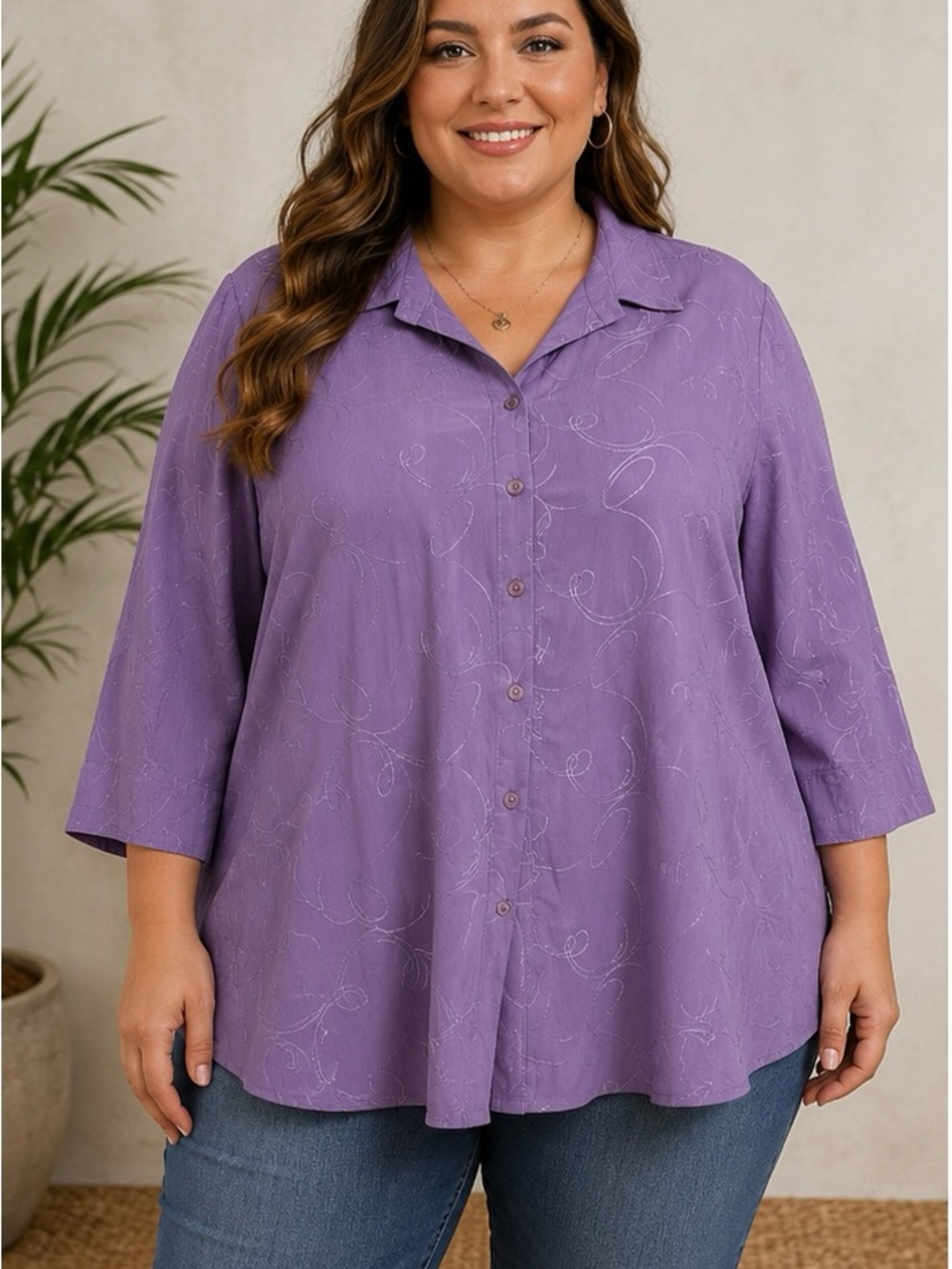 CJ Banks Purple Button-Front Collared Shirt